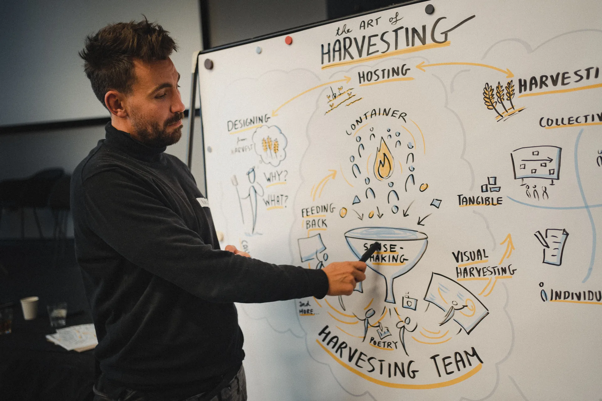 Robin Hotz erklärt Visual Harvesting an einer großformatigen Visualisierung