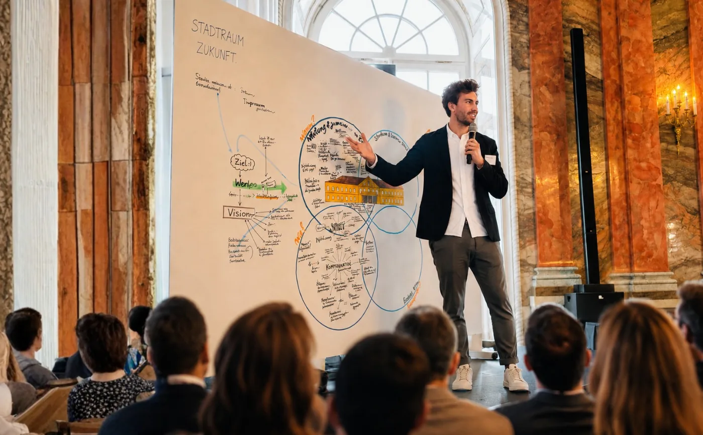 Workshopgruppe arbeitet gemeinsam an visuellen Prototypen und Konzepten