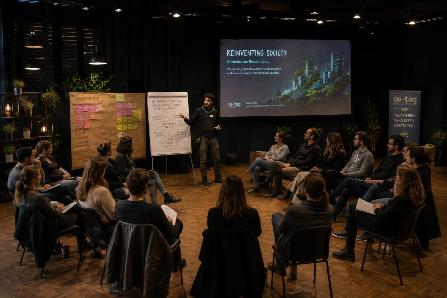 Robin Hotz moderiert einen Dialog über Organisationsentwicklung und gesellschaftlichen Wandel