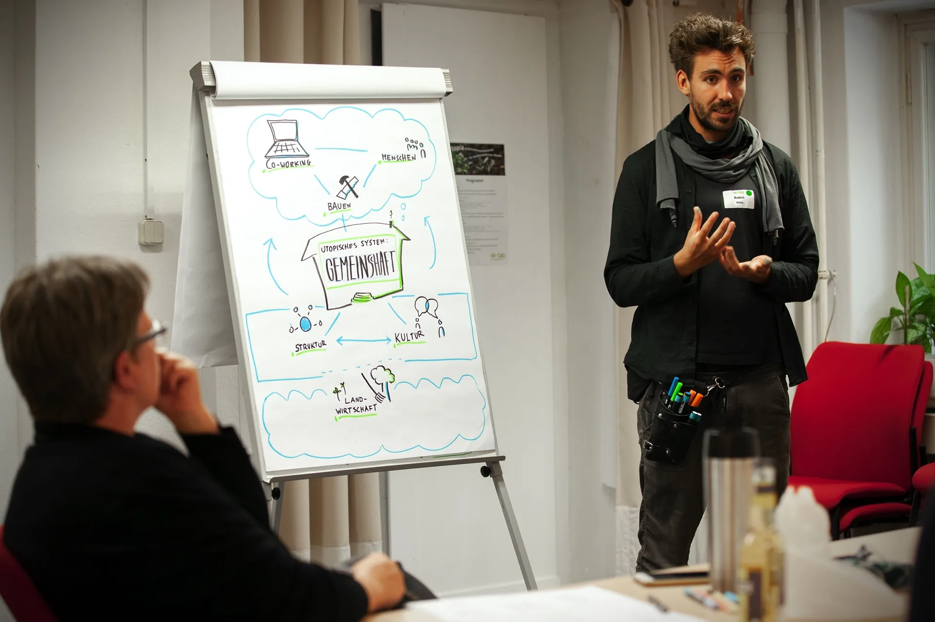 Robin Hotz moderiert neben einer live entwickelten Visualisierung